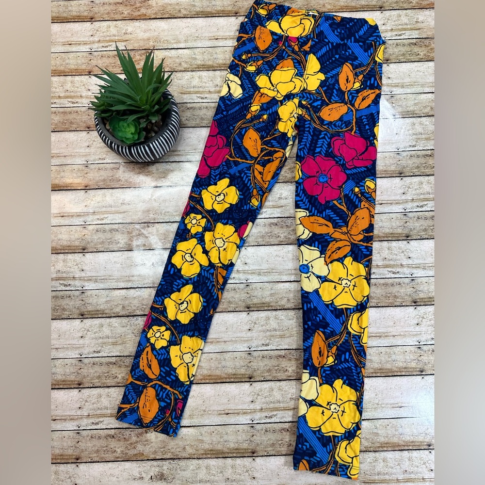 Tropical Floral Kids Leggings (L/XL LuLaRoe LLR 8-14) Blue Orange Pink Yellow